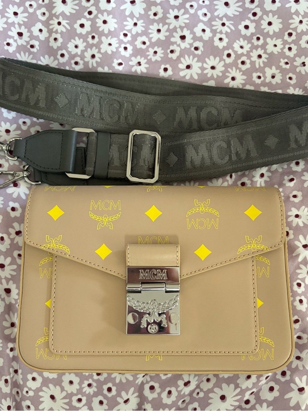 MCM Beige Crossbody Bag with Yellow Accent